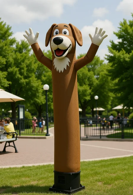 <lora:Wacky_Waving_Inflatable_Arm_Flux_Man-000009:0.9>
The image is a photograph of a very tall, inflatable dog with wavy raised arms standing in a public park setting.