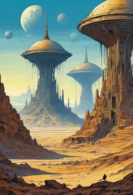 <lora:kallmekris:0.5> kallmekris mixed with <lora:esme_sdxl:0.5> esme , blue, white and yellow color, blue color tone, Background is stunning alien desert, desert village scenery, desert planet, new planet, alien settlement, alien world detailed and intricate environment, oil painting, palette knife soft brushstrokes, heavy strokes, dripping paint, art station on trend, sharp focus, intricate details, highly detailed ,art by enki bilal, art by philippe druillet, art by moebius, inspired by french comics art ,art by Jakub Rozalski, 1920+ Poland