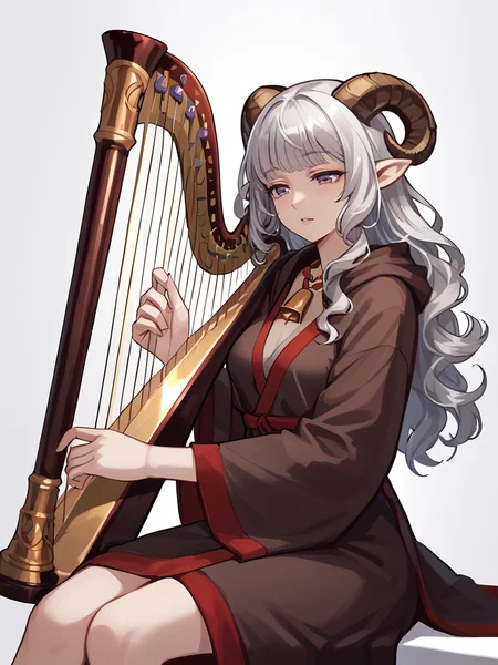 <lora:Pedal_harp:1>, pedal harp, holding instrument, sitting,
source_furry, score_7_up, rating_safe, cowboy shot, gold necklace, tiefing, short pointed ears, brown horns, (a pair of brown sheep Horns that begin at her temples and curve back: 1.5), bangs, long silver hair long wavy hair, pale skin, <lora:whisker_markings:0.8>red whisker_markings ,short pointy ears, purple eyes, <lora:age_slider_v4:0.6> medium breasts, skinny female, close up, silver hair, <lora:Tieflingnew weird fantasyDND:0.3> Tiefling, pointed ears, horns, half-closed eyes<lora:Smooth Style 2 SDXL_LoRA_Pony Diffusion V6 XL:0.5> bell, robe, hood off,