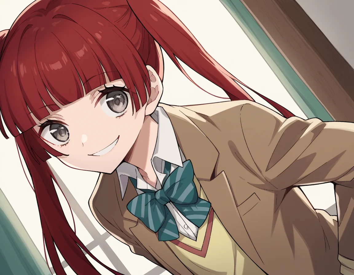 score_9, score_8_up, score_7_up, source_anime, <lora:n-arisugawa-oc-ponyxl-lora-nochekaiser:1>, n-arisugawa, long hair, red hair, bangs, blunt bangs, hime cut, grey eyes,, twintails, skirt, long sleeves, school uniform, jacket, miniskirt, green skirt, blazer, brown blazer, sweater vest, yellow sweater vest, bowtie, green bowtie, striped bowtie, collared shirt,, indoors, bent over, smile, smug, looking at viewer, solo,, cowboy shot, dutch angle