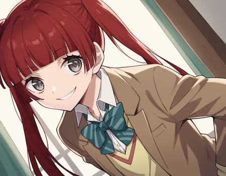 score_9, score_8_up, score_7_up, source_anime, <lora:n-arisugawa-oc-ponyxl-lora-nochekaiser:1>, n-arisugawa, long hair, red hair, bangs, blunt bangs, hime cut, grey eyes,, twintails, skirt, long sleeves, school uniform, jacket, miniskirt, green skirt, blazer, brown blazer, sweater vest, yellow sweater vest, bowtie, green bowtie, striped bowtie, collared shirt,, indoors, bent over, smile, smug, looking at viewer, solo,, cowboy shot, dutch angle