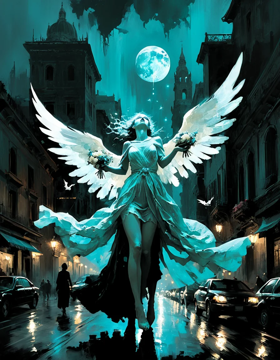made out of ral-dryflwrs, art by Ed Blinkey, Atey Ghailan, Jeremy Mann, Greg Manchess, Antonio Moro, Angelic Shiny ("The abduction of Helen":1.1) , fantasy, ethereal, Turquoise aura Moon in the night, Disgusting, Grimdark, holy, goth, cityscape, <lora:ral-dryflwrs-sdxl:0.7>, magical composition, dynamic dramatic composition, luxurious sharp focus, surreal, complimentary colors, very inspirational