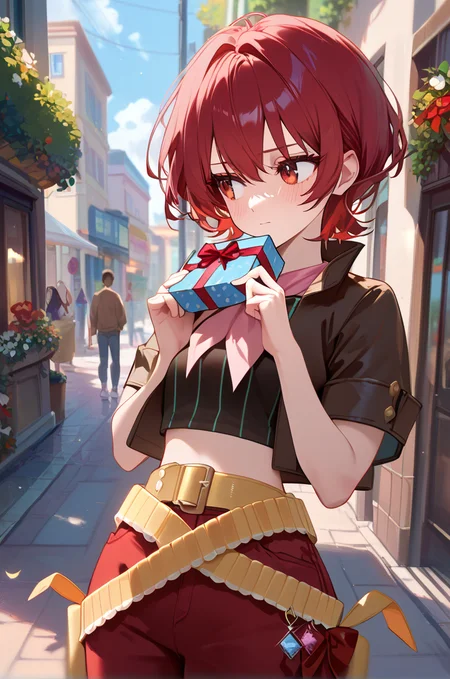 score_9, score_8_up, score_7_up, very aesthetic, source_anime, detailed,
street, blurry background,
blush, embarrassed,
holding gift box,
looking away,
<lora:iria_autismConfetti_v02:1>iriaBase, short hair, red eyes, red hair,
red pants, brown cropped jacket, short sleeves, midriff, yellow belt, pink neckerchief,, zPDXL