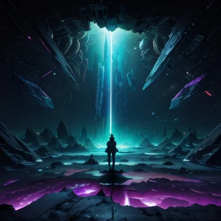 In the vast emptiness of the interstellar void, a cat whose omnipotent powers sits in a cyberpunk street, collide.highest quality, enhanced quality, creative, beautiful, vibrant, masterpiece, 8k, amazing details, amazing quality, amazing artist, sharp edges, detailed textures, full view, atmospheric lighting, amazing visuals, crystals fantasy, crystals, crystal, bg_imgs, cyberpunk, neon lights, science fiction, view from above,