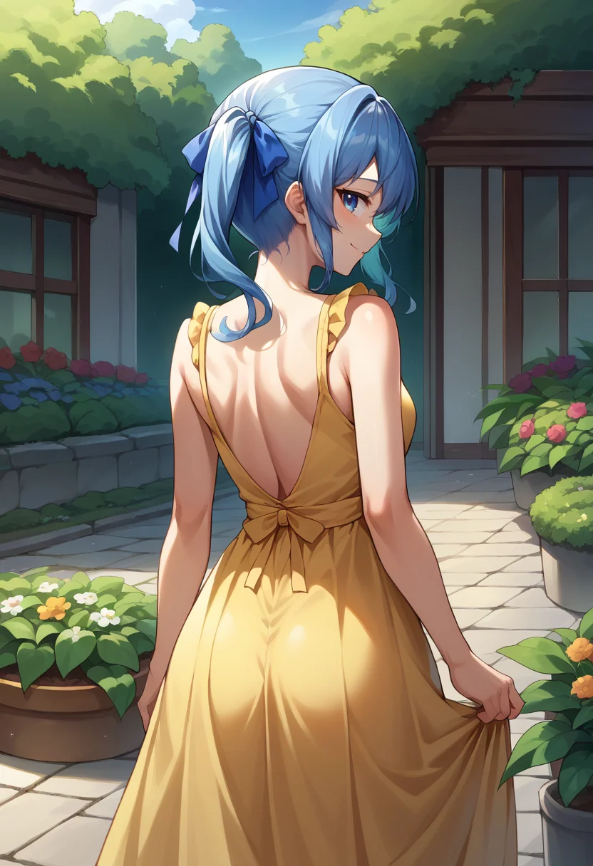 score_9, score_8_up, score_7_up, HoshimachiSuisei, side ponytail, blue hair ribbon, from behind, yellow sundress, garden, day, sunshine, smile, looking back, <lora:CHAR-HoshimachiSuiseiPonyXL:1>