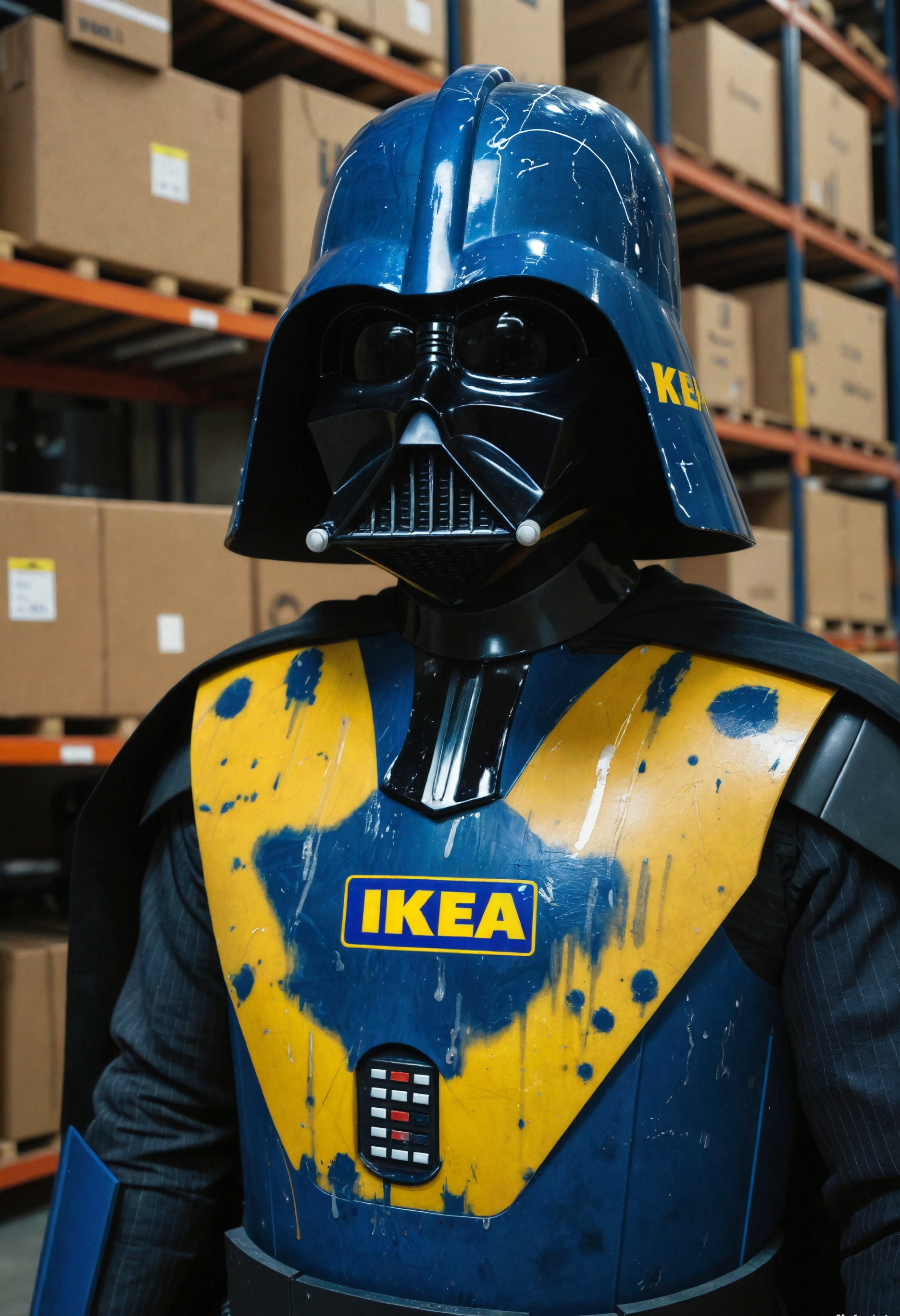 portrait of darth vader in blue and yellow armor suit as if he's an ikea worker. he has ("IKEA" logo:1.1) on his chest, ominous, cinematic, film grain, blue helmet, fingerprints and scratches on the surface, warehouse