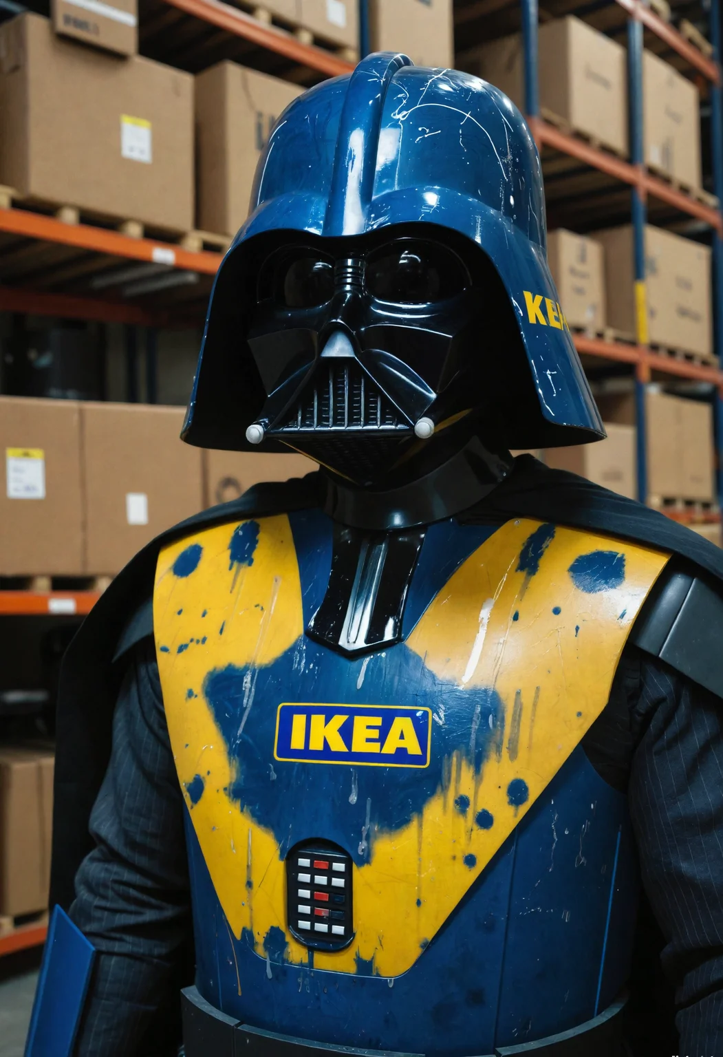 portrait of darth vader in blue and yellow armor suit as if he's an ikea worker. he has ("IKEA" logo:1.1) on his chest, ominous, cinematic, film grain, blue helmet, fingerprints and scratches on the surface, warehouse