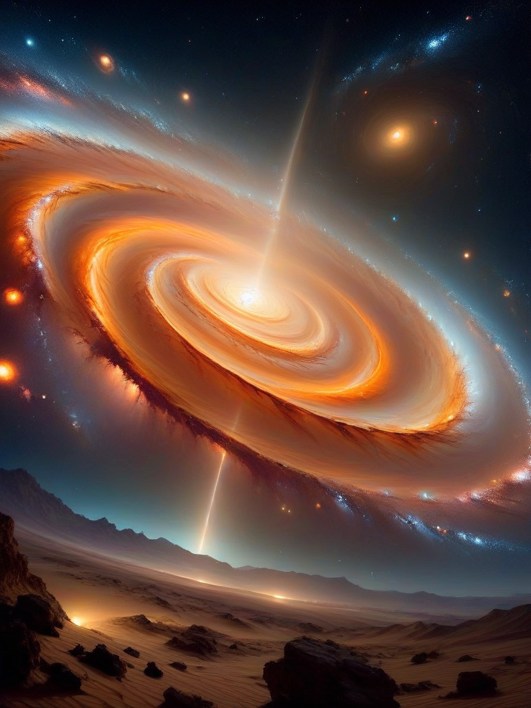 galaxy, (masterpiece), (extremely intricate:1.3), (realistic),a scene of a desert at night, in the sky a spiral orange galaxy, dark scene, realistic, 4k, masterpiece