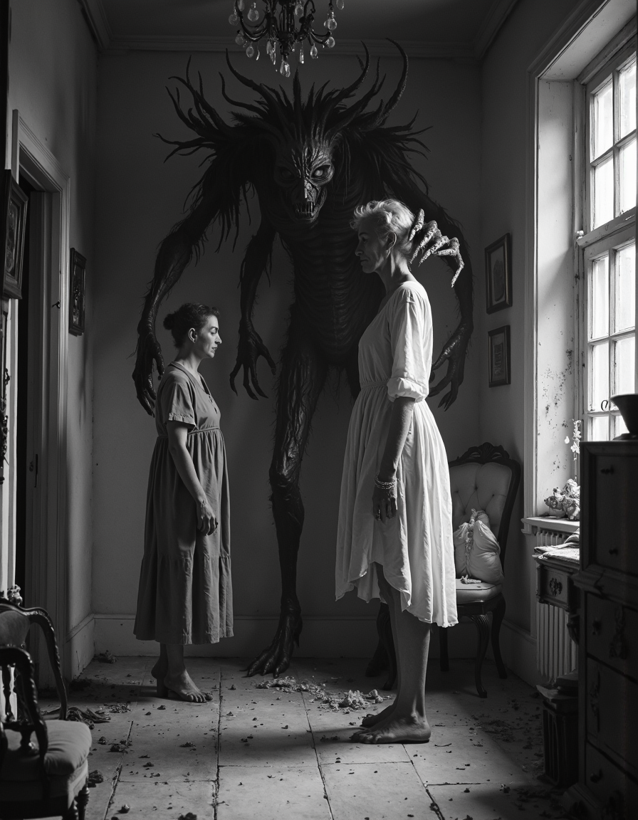 greyscale, a demon monster embarrasses a depressed woman to give her comfort, indoors in a decrepit house, d34thd3m0n