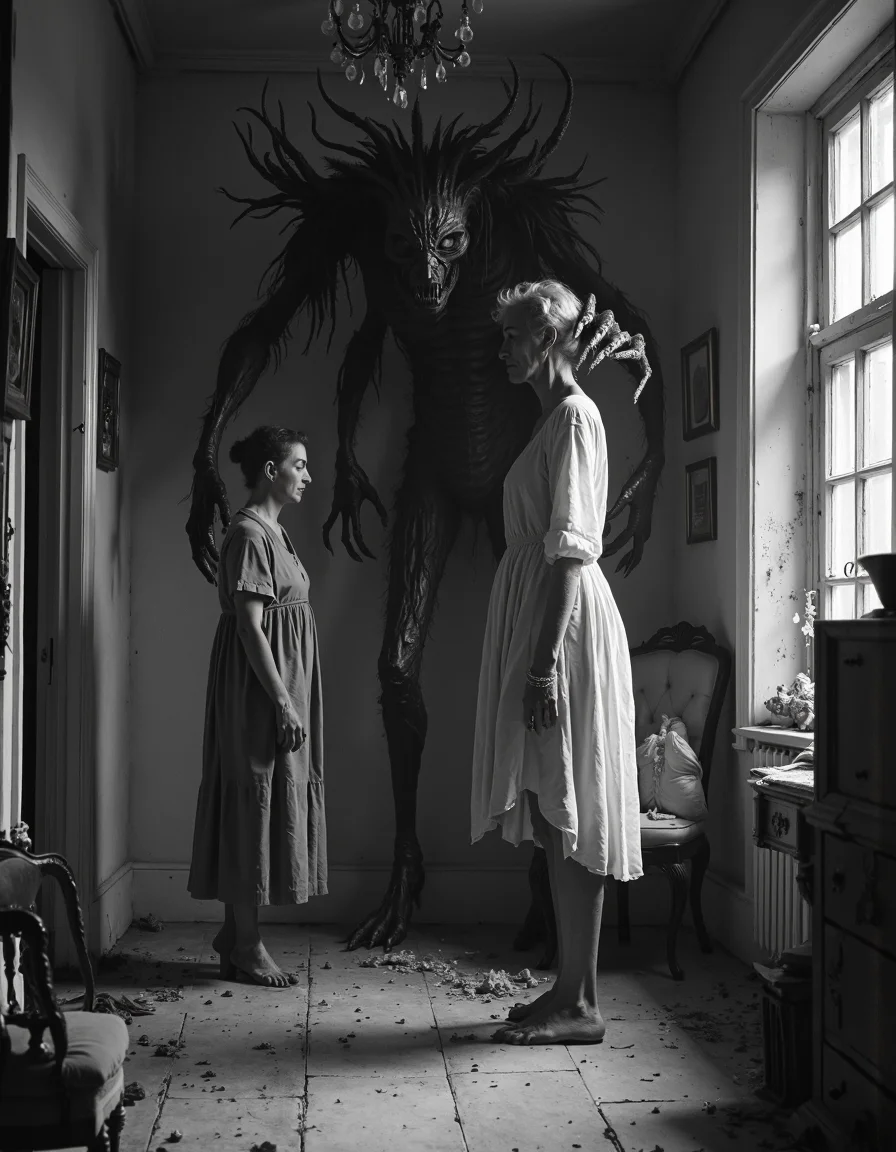 greyscale, a demon monster embarrasses a depressed woman to give her comfort, indoors in a decrepit house, d34thd3m0n