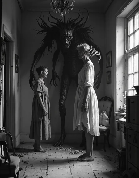 greyscale, a demon monster embarrasses a depressed woman to give her comfort, indoors in a decrepit house, d34thd3m0n