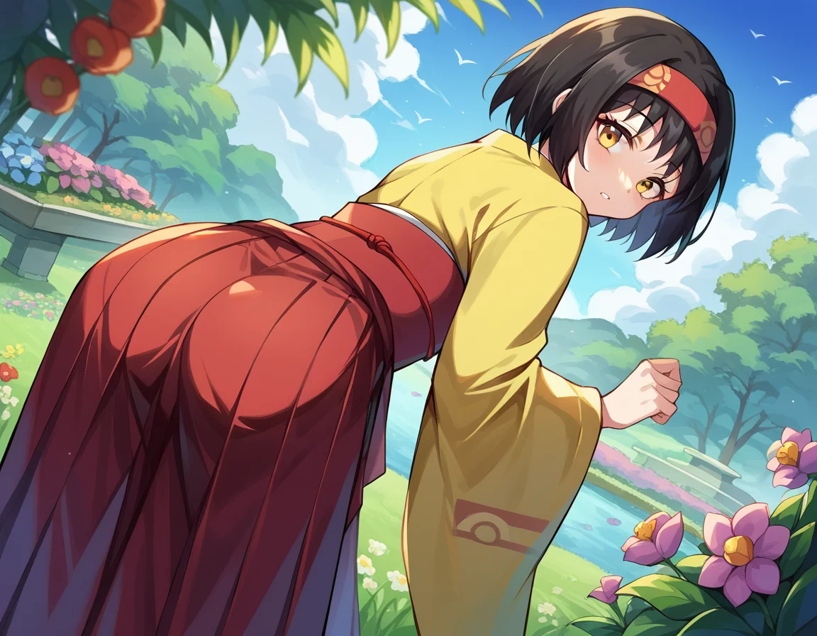 score_9, score_8_up, score_7_up, source_anime,
pokemonerika, <lora:pokemon-erika-ponyxl-lora-nochekaiser:1>
pokemonerika, yellow eyes, black hair, headband, short hair,
japanese clothes, kimono, hakama, red hakama, long sleeves, wide sleeves,
outdoors, garden, flowers, grass, bent over,
looking at viewer, cowboy shot, dutch angle,