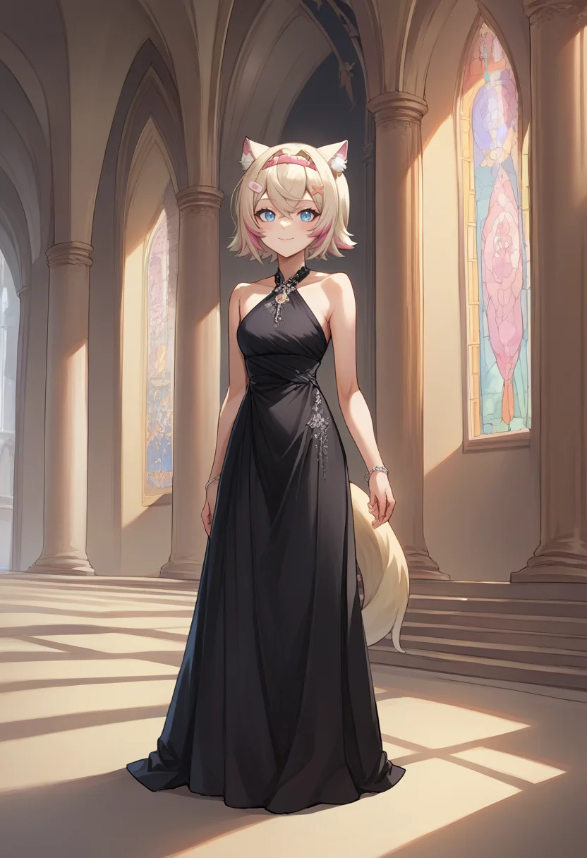 score_9, score_8_up, source_anime, 1girl, solo, MococoAbyssgard, short hair, streaked hair, hairband, hairclip, tail, elegant, long dress, black dress, halterneck, smile, indoors, palace, jewelry, standing, <lora:ChamMococoAbyssgardPonyXL:1>