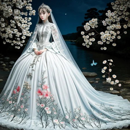 original, (masterpiece), (illustration), (extremely fine and beautiful), (perfect details), (beautiful and clear background:1.25), (depth of field:0.7), (stands aside the river:1.15). (cute:1.3), (detailed beautiful eyes:1.3), (beautiful face:1.3), silver hair, silver ear, (pink hair:0.7), (pink ear:0.7), long hair, (hair blowing with the wind:1.1), (blue eye:1.1), (female internet celebrity:1.2), butterflys flying around, (moon light:0.6), tree, (summer), (night:1.2), (close-up:0.35), (gloves:0.8), solo,full body,hjy<lora:hjy-10:0.7>