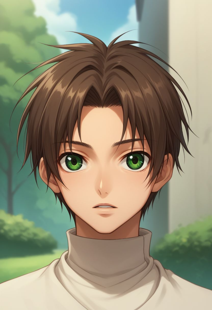 score_9, score_8_up, score_7_up, source_anime, 
teito, male focus, 1boy, solo, green eyes, brown hair, upper body, day, looking at viewer, outdoors, parted lips, turtleneck, 
indoor,