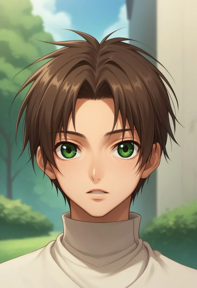 score_9, score_8_up, score_7_up, source_anime,
teito, male focus, 1boy, solo, green eyes, brown hair, upper body, day, looking at viewer, outdoors, parted lips, turtleneck,
indoor,