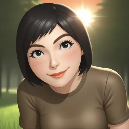 score_9, score_8, BREAK, solo, wii, mii, wii sports, 1girl, female mii, black eyes, black hair, brown eyebrows, lips, brown clothing, white pants, shoes, nintendo mii, modern_mii, classic_mii, breasts, misaki_\(\\wii_sports\\\), cute, blush, sexy pose, smile, outdoors, sunlight, shadows, evening lighting, natural lighting, forest, trees, grass, orange sky, sunset