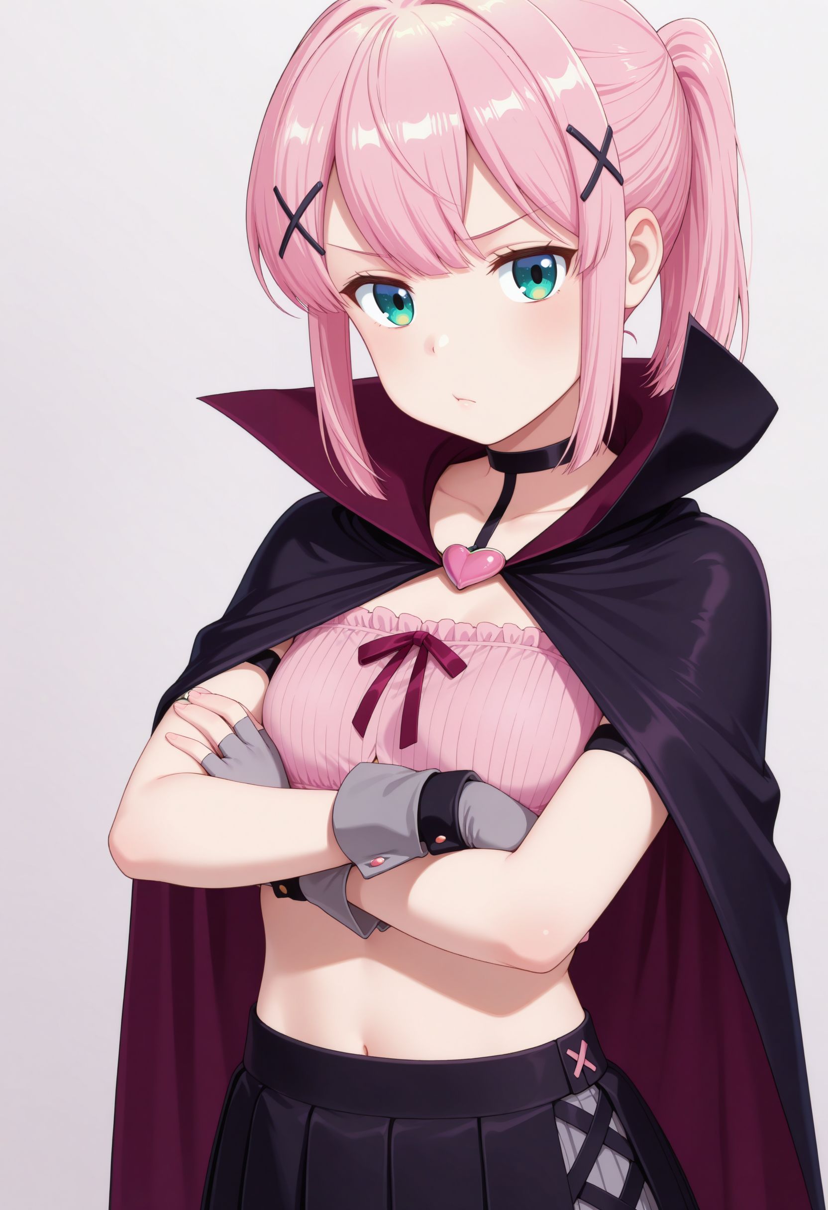 masterpiece, best quality, amazing quality, very awa, looking at viewer, 
 <lora:Chiyoda Momo v2:1> 1girl,
short hair, pink hair, ponytail, x hair ornament, green eyes, small breasts, black choker, black cape, crop top, pink shirt, wrist cuffs, fingerless gloves, grey gloves, midriff, pleated skirt, black skirt, black thighhighs
, white background, upper body, pouting, arms crossed