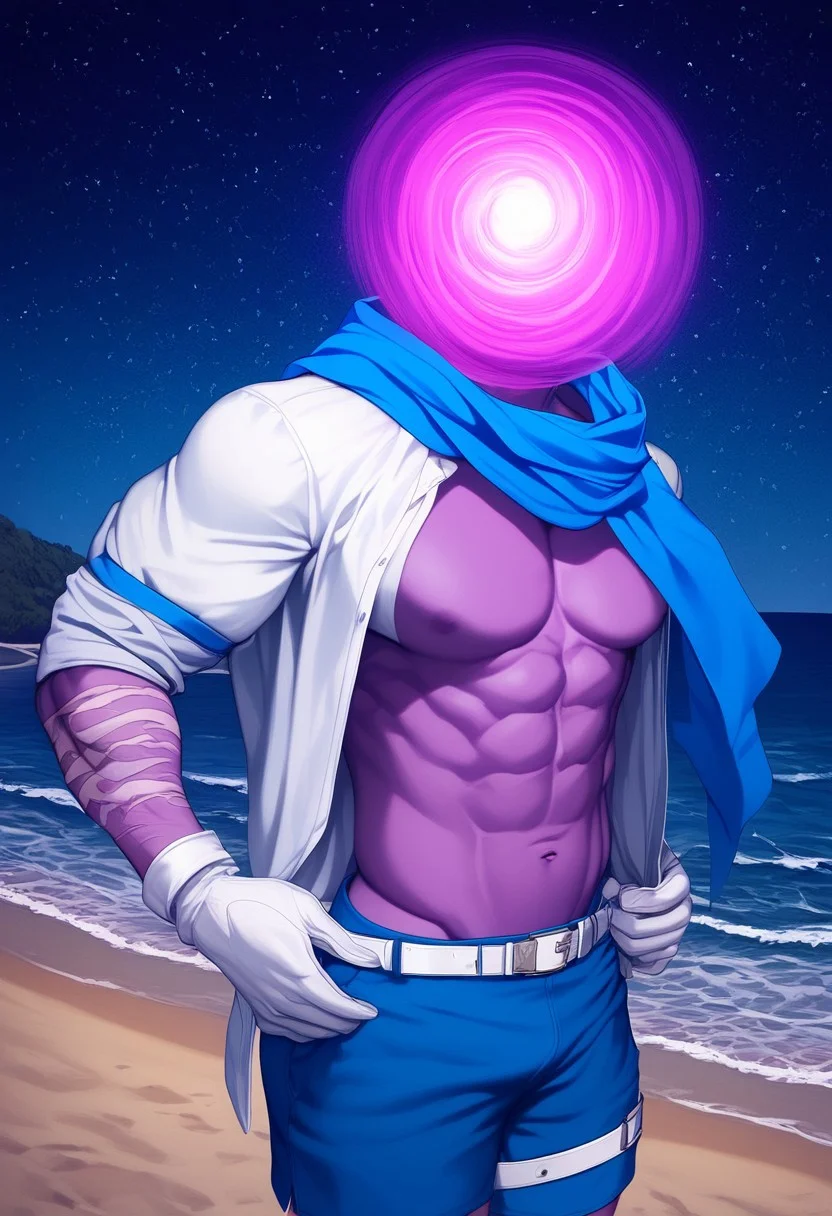h3ad,object_head,headless,faceless,purple cosmic spiral,
BREAK score_9, score_8_up, score_7_up, male_focus, <lora:Uglystyle11a:-1>, style1, novuschroma 14,
BREAK Various scars on body, colored skin, purple skin, muscular male,
BREAK Detailed clothing, looking to the left,
BREAK Side view, high-angle view, cropped legs, upper body, close-up,
BREAK Wearing a white shirt, open shirt flowing in the wind, blue scarf,
BREAK Blue shorts with white belt, white utility gloves, blue arm straps, white thigh straps,
BREAK Bare chest, navel, walking along the beach,
BREAK sc3n3ry, outdoors, detailed background, depth of field, beach, night, blue gradient, hard and soft shadows, pastel colors,
