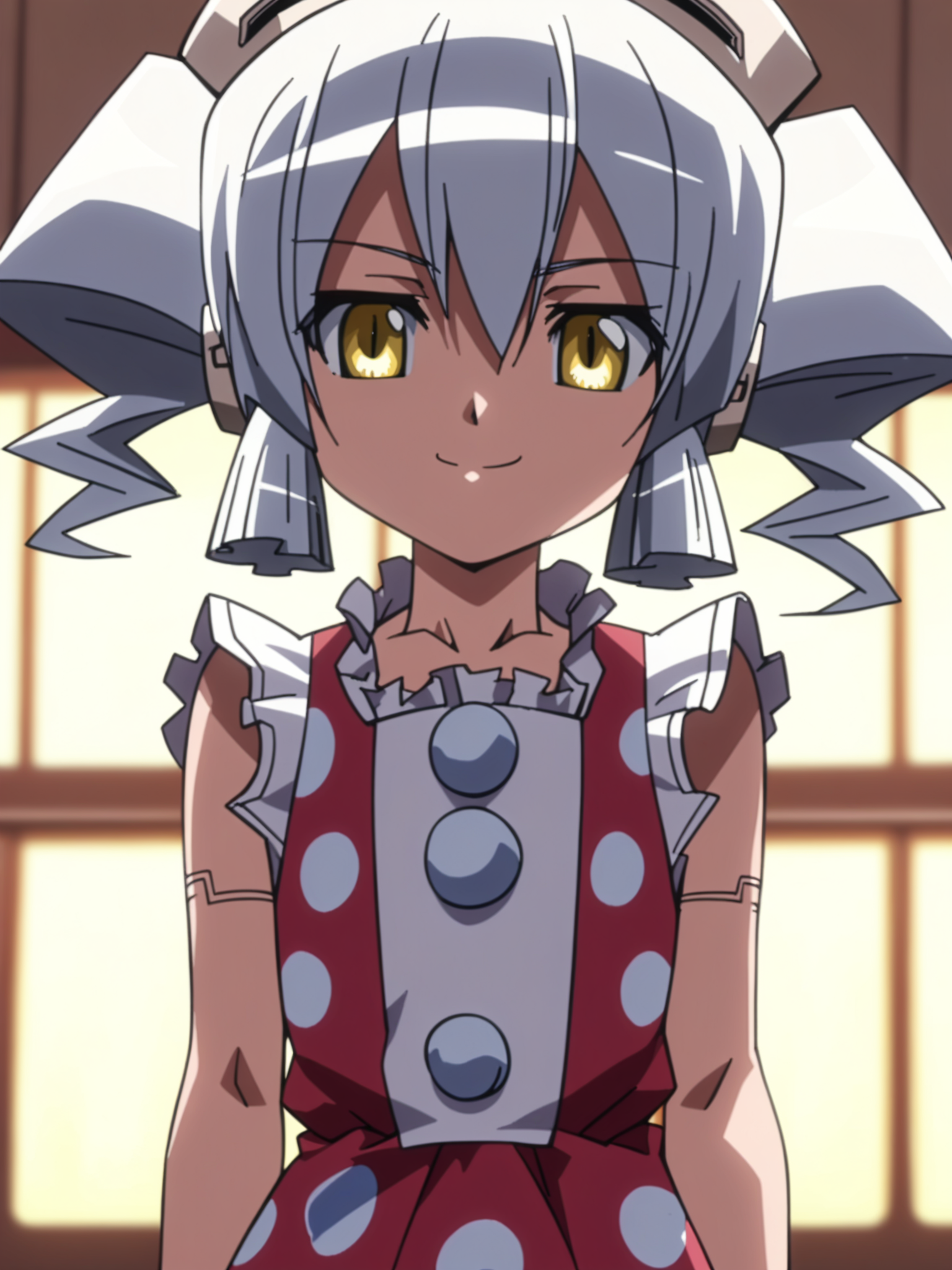 <lora:happy_tentacle-disc-v0.3-000011:0.9>, ht_disc, joints, head-mounted display, frilled dress, polka dot dress, red dress, indoors, flat chest, eyewear on head , (close-up:0.7), 1girl, (petite:1.2), solo focus, smile, , (looking at viewer:1.1), , (depth of field:0.8), (from below:0.8), score_9, score_8_up, score_7_up, score_6_up, score_5_up, score_4_up,