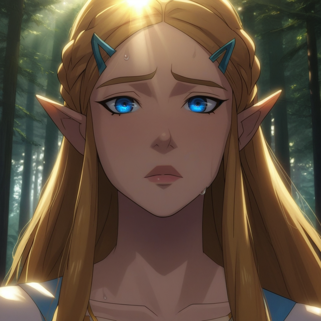 source_anime, source_cartoon, sunlight, sunlight filtering, score_9, score_8_up, score_8, 1girl, Princess Zelda, V0XM4CH1N4STYL3,  1woman, long hair, milf, (detailed face), (detailed skin), detailed eyes, curvy, perky breasts, light_Areolae, uncensored_pussy, shiny skin, sweat, forest