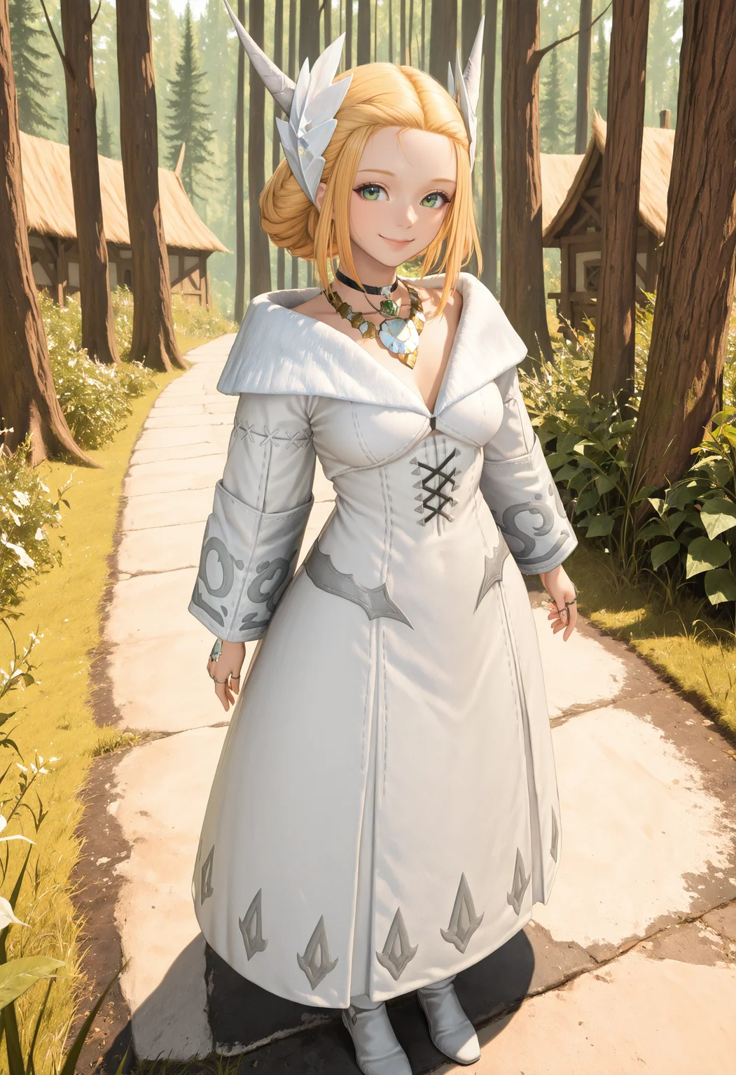 <lora:cfg_scale_boost:.7>,masterpiece, best quality, absurdres, highres, newest, full body, looking at viewer,smile, 1girl, forest, village, fantasy, medium breasts,
kane, blonde hair, medium hair, green eyes, white horns, white ornament, hair ornament, black choker, necklace, ring, white capelet, white robe,
<lora:Kan_E_Senna_IL:1>
