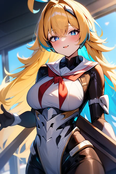 <lora:llmy>,1girl,(blonde hair:1.2),streaked hair,blue hair,blue eyes,ahoge,long hair,1girl,, masterpiece, best quality, very aesthetic, absurdres