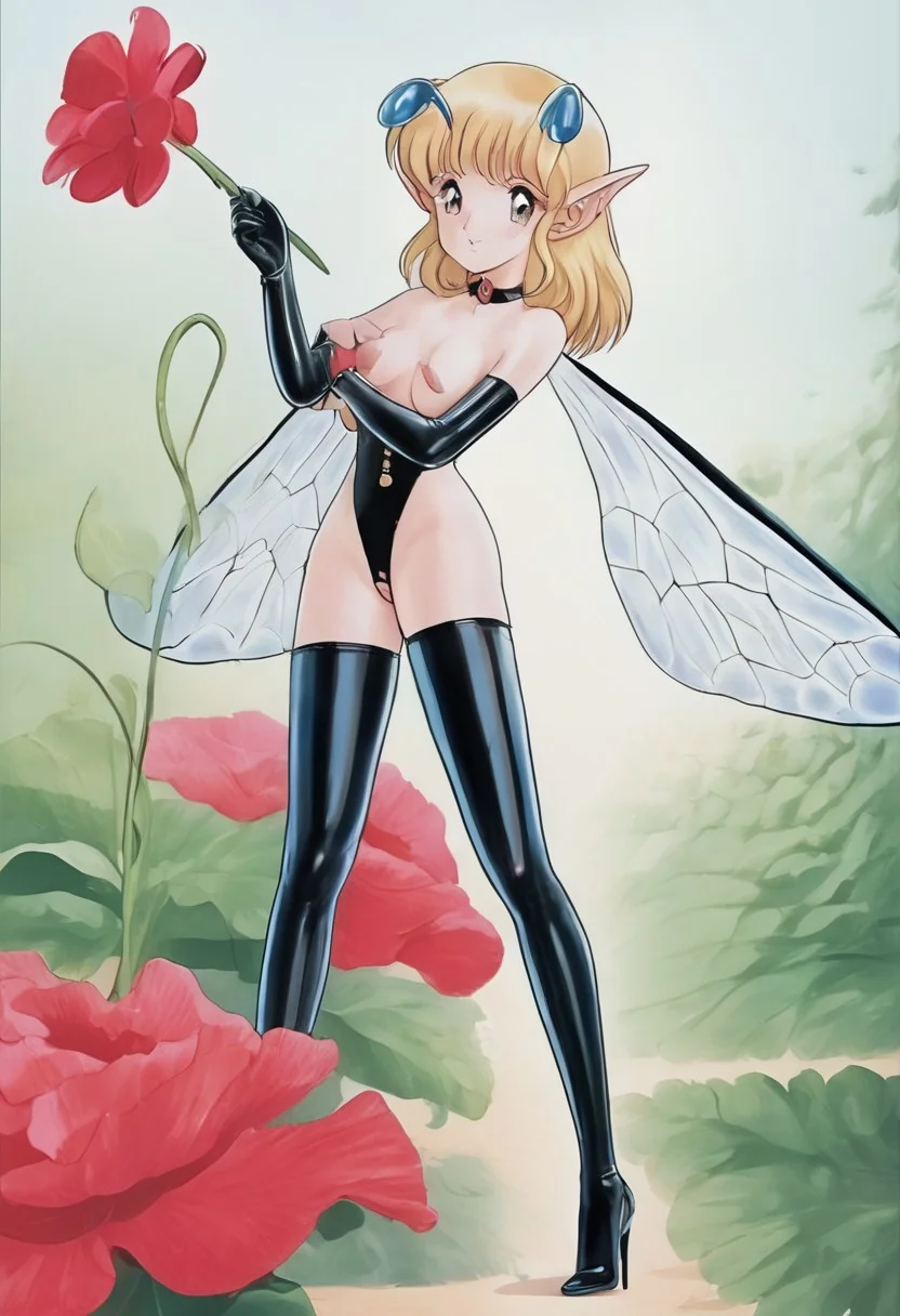Retro art style, full body, miniature person, solo, Pfil, 1 girl, cute face, smiling, pointy ears, fairy, fairy wings, light brown eyes, highly detailed pupils, blonde hair, medium hair, insect antennae, black antennae, medium breasts, (latex clothing, blue panties, latex panties, blue bra, latex bra, black gloves, elbow length gloves, fingerless gloves, high stockings, thigh high stockings, latex stockings, black stockings, black heels), front view, posing, finger sign, kneeling, over giant flower, red flowe