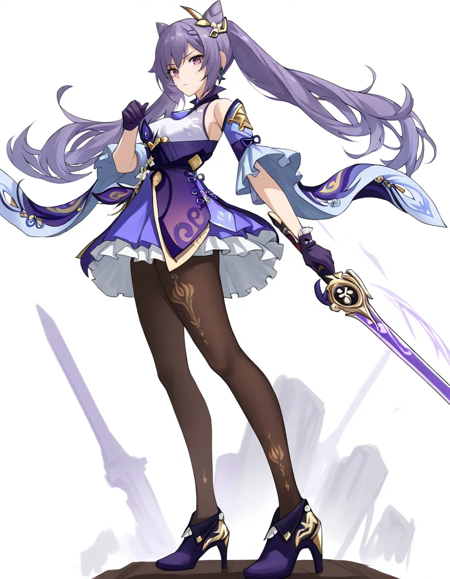 1girl, keqing \(genshin impact\),
purple dress, high heels, standing, hair bun, gloves, holding weapon, purple hair, long hair, sword, very long hair, holding, looking at viewer, black pantyhose, solo, dress, frilled skirt, weapon, purple footwear, medium breasts, detached sleeves, frills, white background, twintails, holding sword, pantyhose, full body, purple eyes, black gloves, purple gloves, bare shoulders, sakwmg, simple background, closed mouth, skirt, cone hair bun, breasts
<lora:sakwm:1>