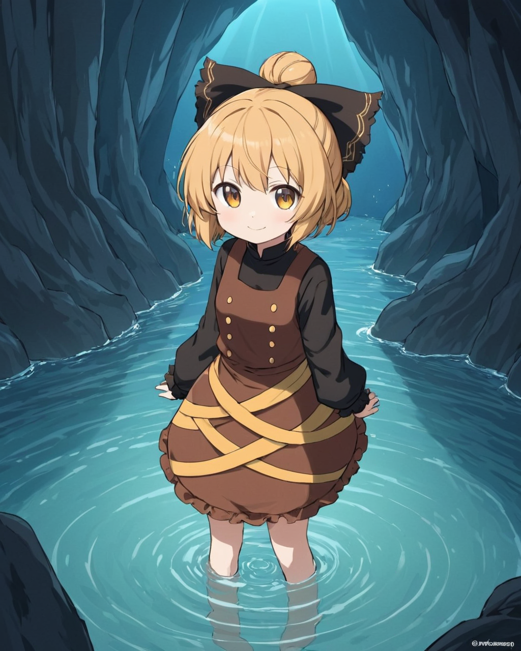 kurodani yamame,1girl, solo, cave, smile, long_sleeves, brown_dress, hair_bow, one-hour_drawing_challenge, wading, black_bow, twitter_username, looking_at_viewer, water, yellow_ribbon, black_shirt, closed_mouth, single_hair_bun, standing
<lora:kurodani_yamame_image2914_2023-12-17-000008:1>,star-shaped_pupils,symbol-shaped_pupils,. gorgeous,key visual, vibrant, studio anime,award-winning, professional, highly detailed,high budget, cinemascope