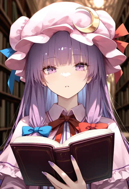 masterpiece, best quality, amazing quality, very aesthetic, absurdres,<lora:RLI(noobai)0.1v:1>,
 1girl, patchouli knowledge, purple hair, solo, book, hat, crescent hat ornament, mob cap, crescent, purple eyes, holding book, long hair, holding, hat ornament, indoors, looking at viewer, open book, red ribbon, bow, blurry background, ribbon, parted lips, red bow, purple nails, pink headwear, hair bow, blue bow, hat ribbon, blue ribbon, nail polish, blunt bangs, upper body, purple headwear, portrait, hair bun, dress