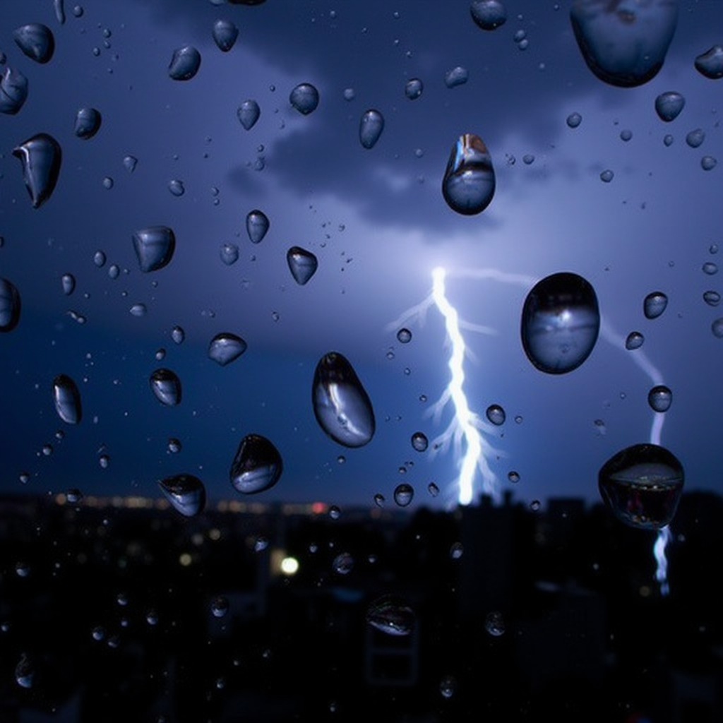 Photography close-up of rain drops on a glass pane. In each rain drop, there is a very distorted and inverted image of a lightning strike, with the sky at the bottom and the ground at the top. The lighning can be seen very blurry in the background. Dark overall colors during a thunderstorm <lora:refraction-000111:1>