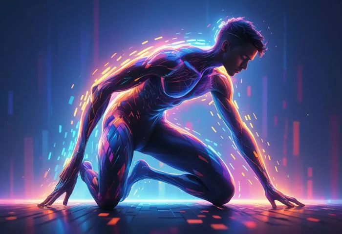 vibrant holographic digital art of an athletic male figure in motion, adorned with neon patterns and lines that give him the appearance of being sculpted from light. He is seen in midpose on his knees, embodying strength and grace as he leans forward to balance himself against gravity. The background features pixelated squares, with neon colors and pixelated patterns that create depth and movement in the style of various artists., the background has colorful pixelated patterns and lights, with high contrast., adding depth while creating a futuristic atmosphere. His skin seems almost the vibrant colors, An illustration of an athletic man in neon colors, An abstract colorful digital illustration of an athletic man with neon patterns on his body