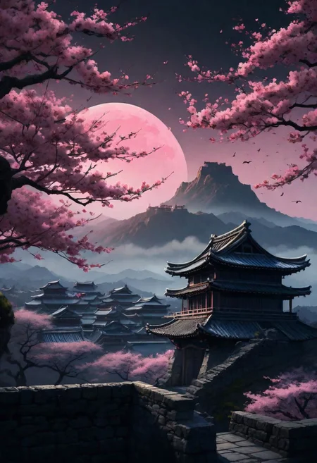 concept art, wide angle shot, A stealthy pink ninja, in the cloak of shadows, (((descending on roof))), cherry blossom tree, in an ancient fortress, weathered stone walls, mount fugi in distant horizon, at night, fog, full moon. high quality, highres:1.1, aesthetic), detailed, extremely detailed, 4K, detailed background