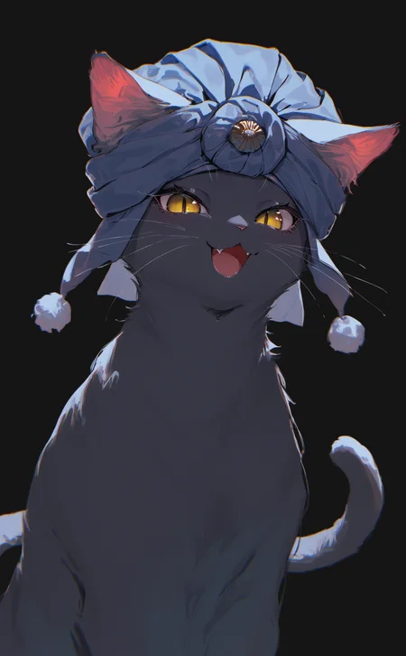 masterpiece, best quality, amazing quality, solo, looking at viewer, smile, open mouth, simple background, hat, animal ears, tail, upper body, :d, fang, cat ears, no humans, :3, cat, black background, slit pupils, blue headwear, pom pom \(clothes\), whiskers, turban, rolua <lora:noobai_ep11_stabilizer_v0.138_fp16:0.3> <lora:NOOB_vp1_detailer_by_volnovik_v1:0.3> <lora:96YOTTEA-WAI:0.5> <lora:Rolua_style_v1_cocoILv56:0.8>