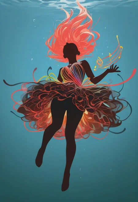 1girl, fantastical dress, floating, underwater, making music, inverted background, (flat lighting, flat color, flat design, no lineart:1), spot color, triadic colors, film grain, local color adaption, neon, pearlescent, masterpiece, best quality, amazing quality, very aesthetic, absurdres, newest,