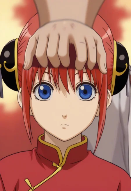 <lora:Kagura:0.8>blue eyes, red hair, Kagura red cheongsam with yellow piping outfit, Chinese clothes, double bun, bun cover, China dress,