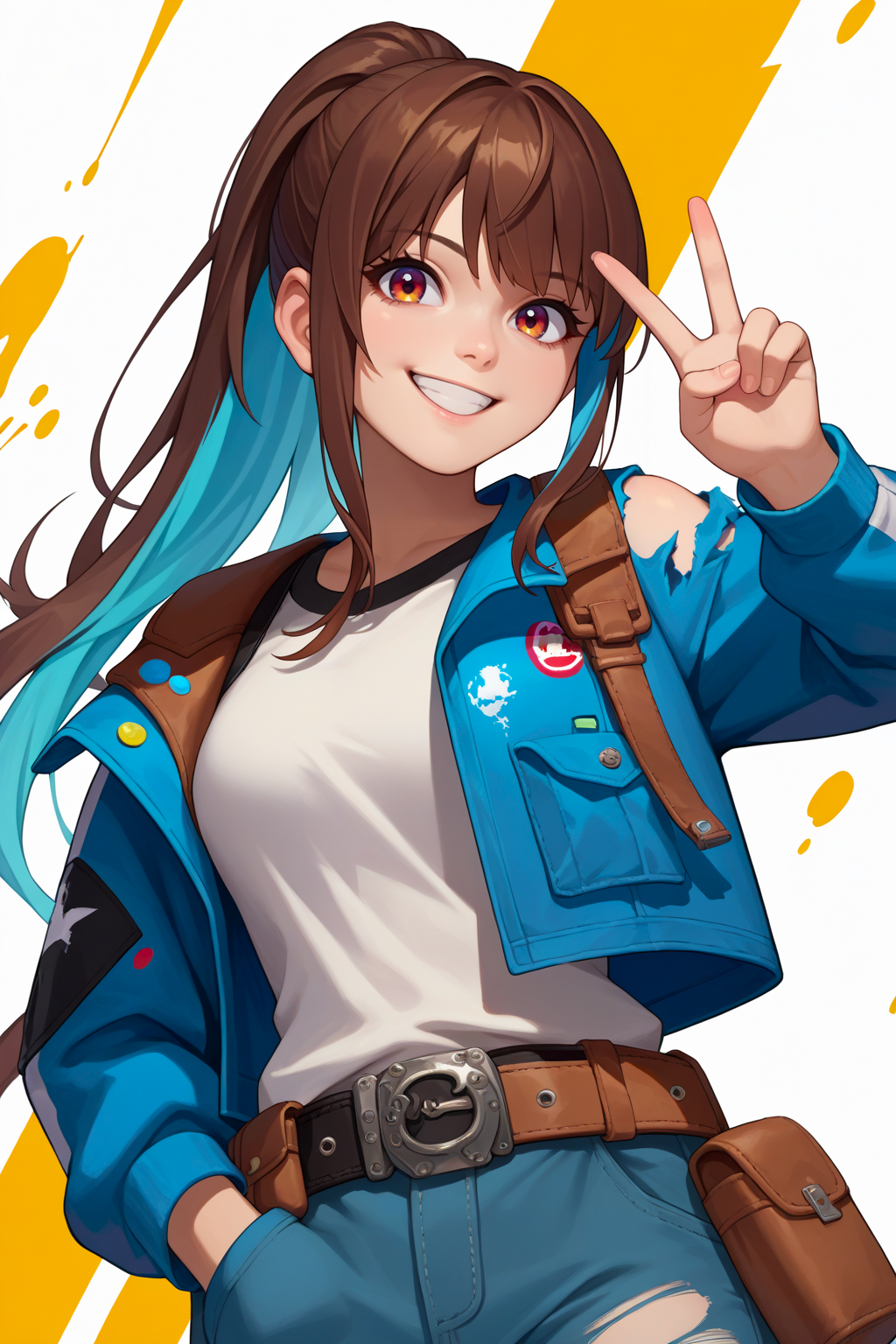 score_9, score_7_up, source_anime, upper body, 1girl, brown hair, colored inner hair, long hair, ponytail, long bangs, blue hair, looking at viewer, smile, jacket on shoulders, strap, torn clothes, belt, belt pouch, hand in pocket, peace sign, paint splatter