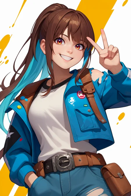 score_9, score_7_up, source_anime, upper body, 1girl, brown hair, colored inner hair, long hair, ponytail, long bangs, blue hair, looking at viewer, smile, jacket on shoulders, strap, torn clothes, belt, belt pouch, hand in pocket, peace sign, paint splatter