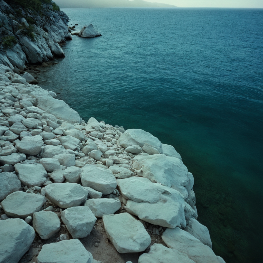 cinematic film still of  <lora:Ron Fricke style:1>
a view of a body of water with a lot of white rocks,outdoors,day,water,no humans,ocean,scenery,blue theme,underwater , realistic, realism, movie still, film grain, kodak film, film contrast, film color, cinematography, documentary, photography, 70 mm film, 65 mm film, Todd-AO, Todd-AO 35, 8K resolution, Ron Fricke film director style, Ron Fricke film directing style, Ron Fricke style, shallow depth of field, vignette, highly detailed, high budget, bokeh, cinemascope, moody, epic, gorgeous, film grain, grainy