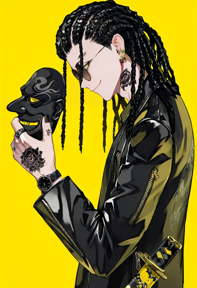 1boy, male focus, solo, holding, tattoo, jacket, yellow background, mask, jewelry, black hair, black jacket, sword, earrings, weapon, dreadlocks, simple background, glasses, katana, wristwatch, upper body, hand tattoo, watch, smile, black nails, sunglasses, round eyewear, holding weapon, ring, long sleeves, holding sword, looking at viewer, from side, profile, closed mouth, braid, zipper <lora:LAMXL_NBVP1_lokr_V6311PZ:0.95>
