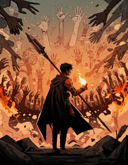 By Alex Vede. A dramatic digital illustration shoot from a low angle about a silhouette of a warrior holding a spear amidst a chaotic background filled with handprints and flames. in the middle of the image, a muscular man with short black hair and a long, dark cloak is standing, facing away from the viewer. he appears to be in his mid-twenties, with a serious expression on his face. the man is holding a large, pointed spear in his right hand, and his left hand is glowing with a bright orange light. the background is filled with abstract, hand-drawn figures and flames, creating a chaotic and intense atmosphere. the overall style is reminiscent of dark fantasy, with bold outlines and vibrant colors.
solo, 1boy, holding, standing, full body, weapon, barefoot, holding weapon, from behind, fire, silhouettes, backlighting, handprints, spear, holding sword