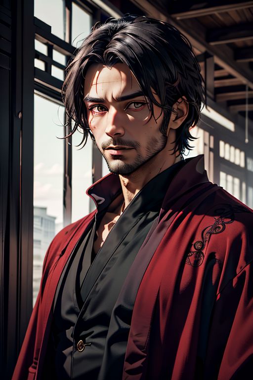Master piece, highest quality, highest possible OverallDetail, semirealistic, red eyes,
Create an elder of a demonic sect.
The character looks like he is in his late twenties or early thirties. He is handsome.
He has black shoulder-length shaggy hair. 
His outer robe is black and the inner robe is dark red. 
His eyes are dark red. Detailed face. Red robe.
He meditates in nature.
perfecteyes eyes