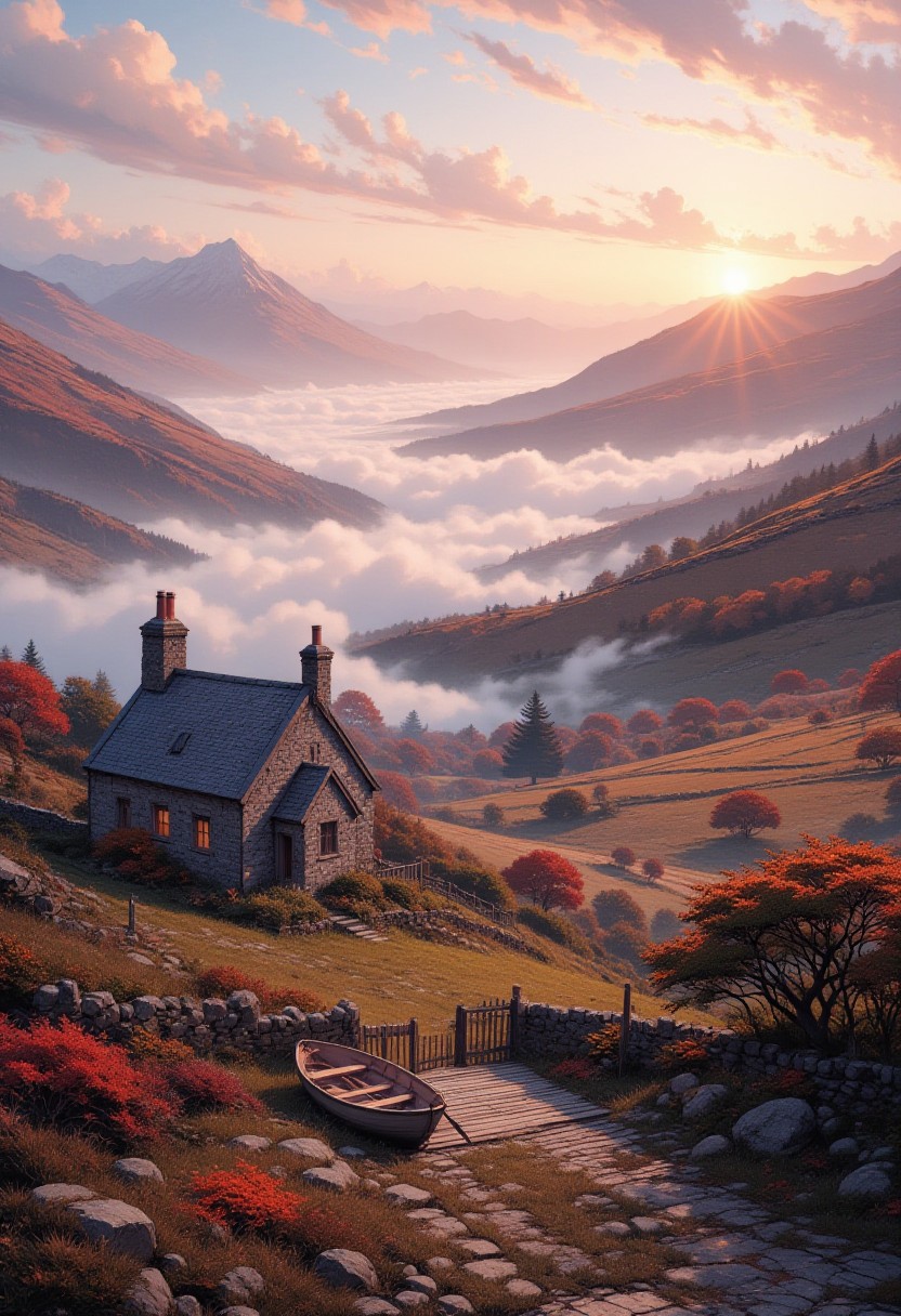 Morning Mist in the Scottish Highlands
"A thick mist rolls over the Scottish loch, swirling like a living thing as the sun’s first light turns the sky a delicate pink and gold. The wooden terrace overlooks the still water, where a lone rowboat drifts aimlessly, its oars missing. Stone cottages dot the landscape, their chimneys releasing thin wisps of smoke that vanish into the morning air. The distant call of a bird echoes over the hills, but no reply follows. The scent of damp earth and heather lingers, as if the land itself is holding its breath."