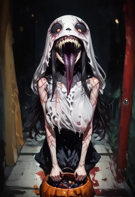 score_9, score_up_8, masterpiece, best quality, explicit,
hasshaku-sama, mature woman, large woman, tall woman, sagging breast, enormous breast, long hair, black hair, horror (theme), collar bone, bony body, skinny, anorexic, fall season, trees, red yellow and orange leaves, falling leaves, night, Expressiveh,
teeth, tongue, open mouth, horror, blood, (((stiches, scars))), black tongue, very long tongue, black tears, full body, tr1ck0rtr3at, holding, halloween bucket, doorway, street background, white bloodstained dress, white sunhat, covered breasts