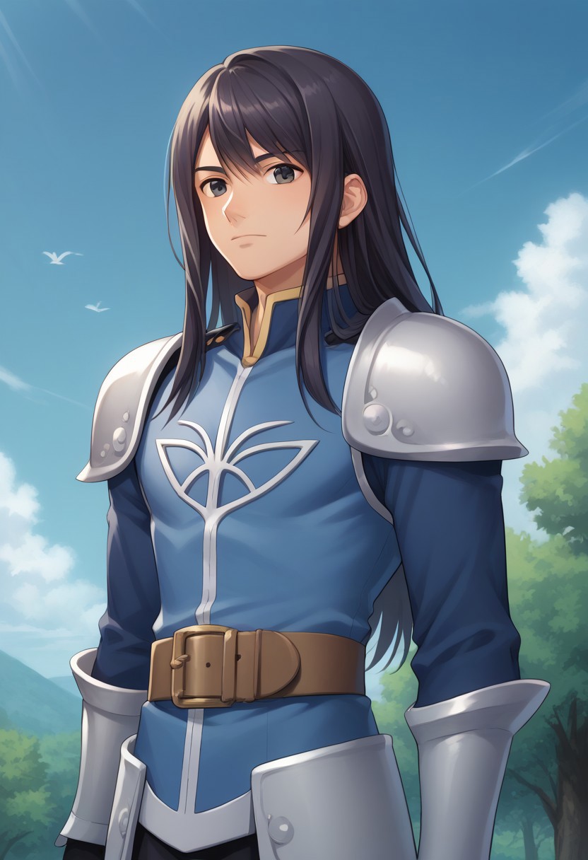 score_9, score_8_up, score_7_up, source_anime, highly detailed, 
lowell, 1boy, male focus, solo, black hair, long hair, black eyes, shirt, blue shirt, high collar, armor, shoulder armor, gloves, belt, brown belt,  
outdoor, sky, cloud, tree