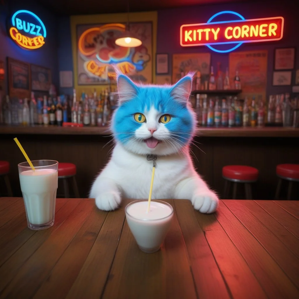 Prompt: Generate an image of a whimsical, cartoonish cat with electricified hair sticking up in all directions and exaggerated cross eyes, enjoying a sip of milk through a straw at a bar-style table. The milk cup has "buzz" written on it. The scene should be brightly lit with neon lights casting vibrant hues across the setting, creating a lively and slightly surreal atmosphere. Use a high-angle camera view, looking down at the table from above to emphasize the cat's unique perspective. The color scheme should be vivid and playful, with bold contrasts between the electric blue hair and the warm, wooden tones of the table and surrounding area. The background should feature a simple, yet intriguing bar counter with an array of colorful bottles and a retro neon sign that reads "Kitty Corner". Ensure the resolution is 1080p for crisp details and maintain an aspect ratio of 16:9 for optimal display. Keywords for image generation include: crazy cat, electric hair, cross eyes, drinking milk with a straw, bar table, neon lights, high-angle view, vivid color scheme, retro background.