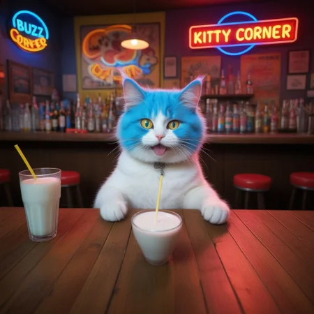 Prompt: Generate an image of a whimsical, cartoonish cat with electricified hair sticking up in all directions and exaggerated cross eyes, enjoying a sip of milk through a straw at a bar-style table. The milk cup has "buzz" written on it. The scene should be brightly lit with neon lights casting vibrant hues across the setting, creating a lively and slightly surreal atmosphere. Use a high-angle camera view, looking down at the table from above to emphasize the cat's unique perspective. The color scheme should be vivid and playful, with bold contrasts between the electric blue hair and the warm, wooden tones of the table and surrounding area. The background should feature a simple, yet intriguing bar counter with an array of colorful bottles and a retro neon sign that reads "Kitty Corner". Ensure the resolution is 1080p for crisp details and maintain an aspect ratio of 16:9 for optimal display. Keywords for image generation include: crazy cat, electric hair, cross eyes, drinking milk with a straw, bar table, neon lights, high-angle view, vivid color scheme, retro background.