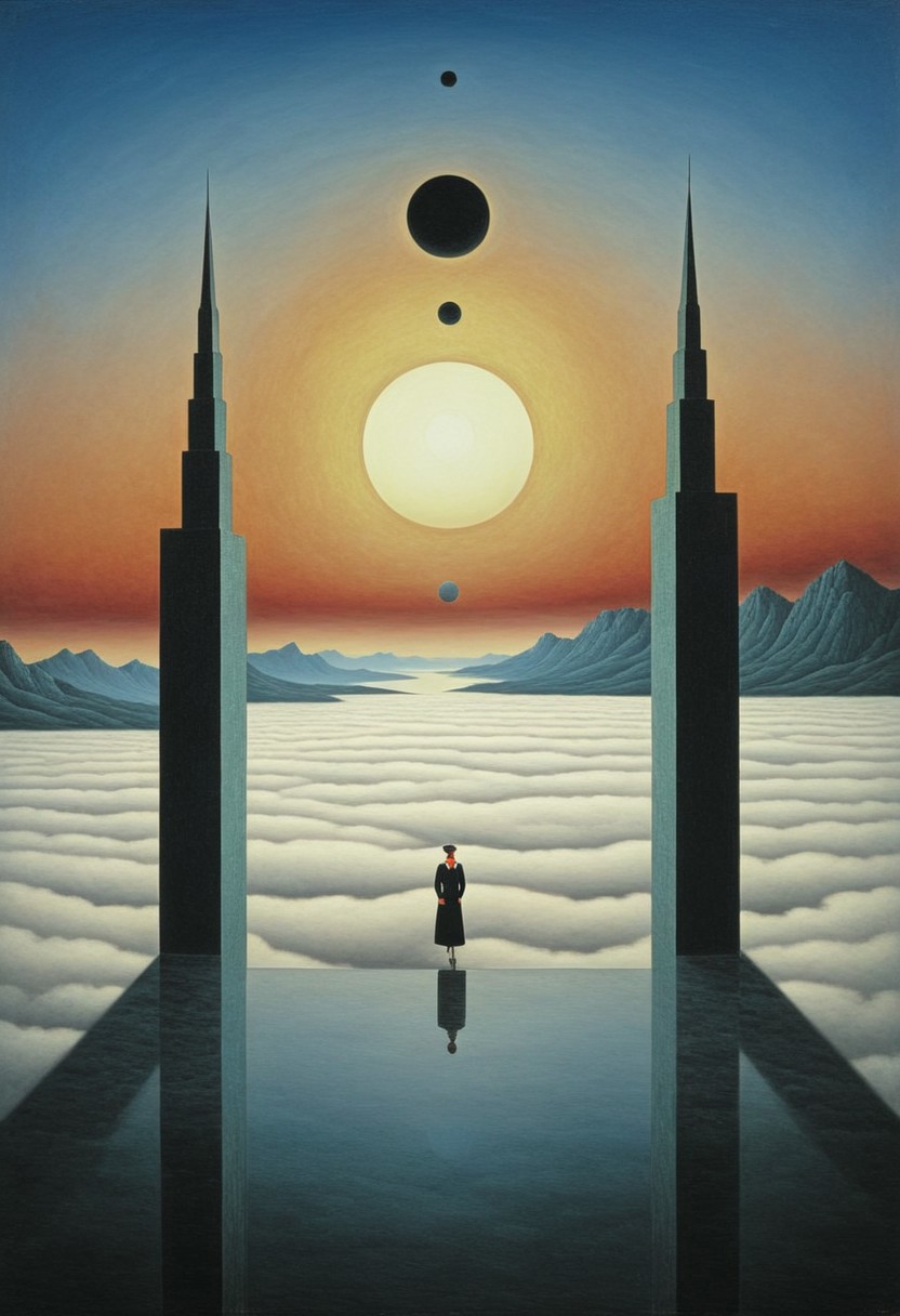 Futuristic Citadels Above the Clouds Smooth, chrome-like towers pierce a sea of dawn mists. Warm sunrise hues paint their reflective surfaces, melding sci-fi geometry with serene fog.
Style tags: Surrealist art, Rafal Olbinski, René Magritte, Jean Arp, Frida Kahlo, Jan van Eyck, William Hogarth, Pierre-Auguste Renoir, Xidong Luo, Kazimir Malevich, nvcmsdx, dunn, traditional media, abstract, painting (medium),