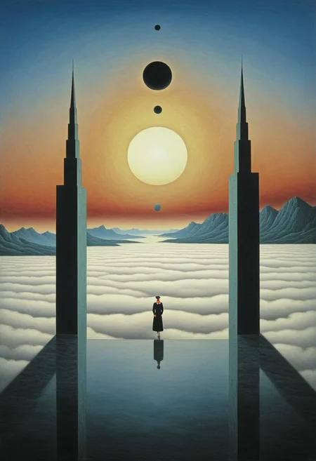 Futuristic Citadels Above the Clouds
Smooth, chrome-like towers pierce a sea of dawn mists. Warm sunrise hues paint their reflective surfaces, melding sci-fi geometry with serene fog.
Style tags: Surrealist art, Rafal Olbinski, René Magritte, Jean Arp, Frida Kahlo, Jan van Eyck, William Hogarth, Pierre-Auguste Renoir, Xidong Luo, Kazimir Malevich, nvcmsdx, dunn, traditional media, abstract, painting (medium),